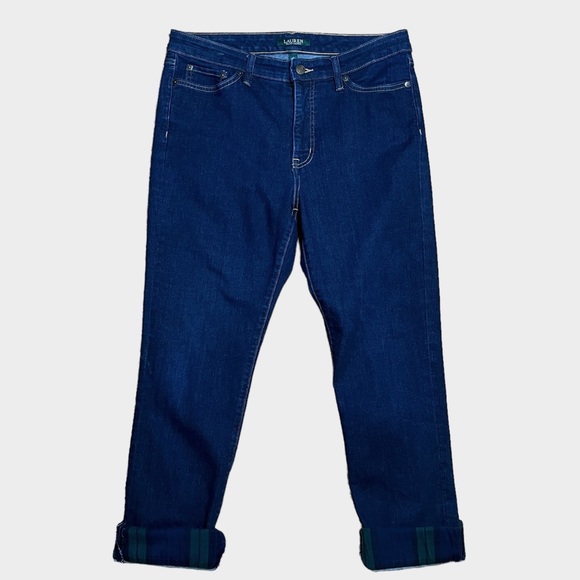 Lauren Ralph Lauren Premier Straight Ankle Plaid Cuff Jeans Sz 12 - Picture 1 of 16